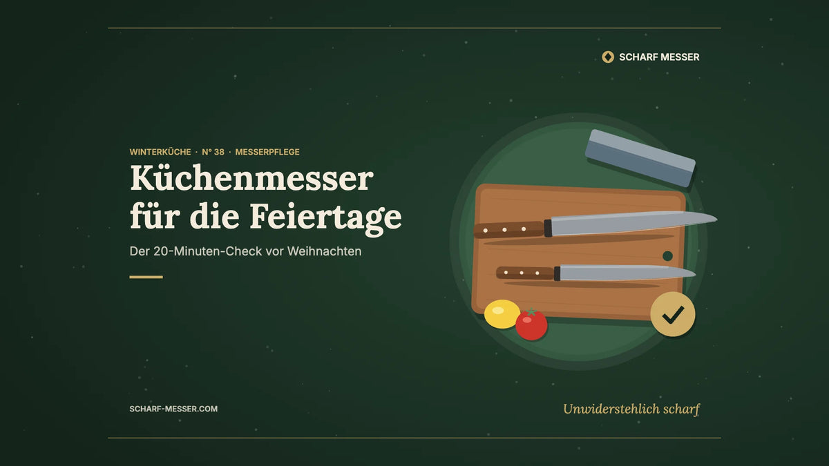 Illustration Küchenmesser vor Weihnachten prüfen: zwei Messer auf dem Schneidebrett, Schleifstein, Zitrone und Tomate