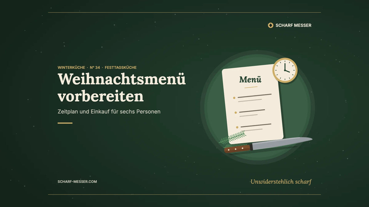 Illustration Weihnachtsmenü vorbereiten: Menükarte, Uhr, Tannenzweig und Küchenmesser