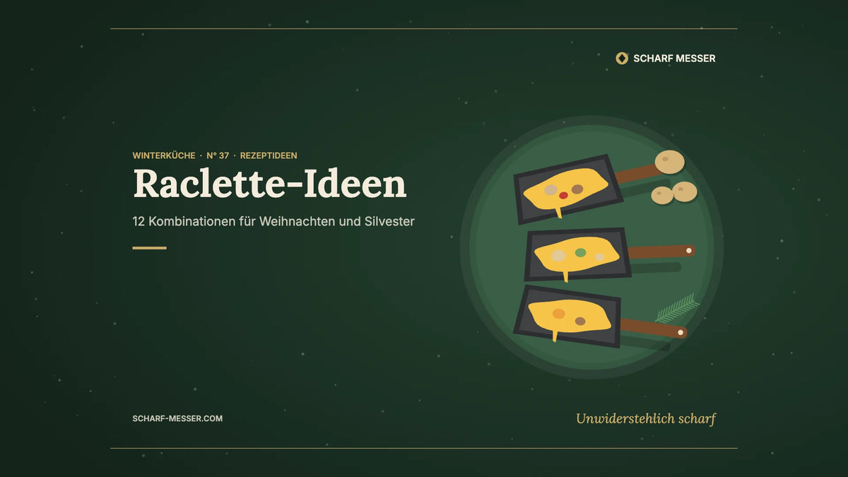 Illustration Raclette-Ideen: drei Raclette-Pfännchen mit geschmolzenem Käse, Gemüse und Kartoffeln