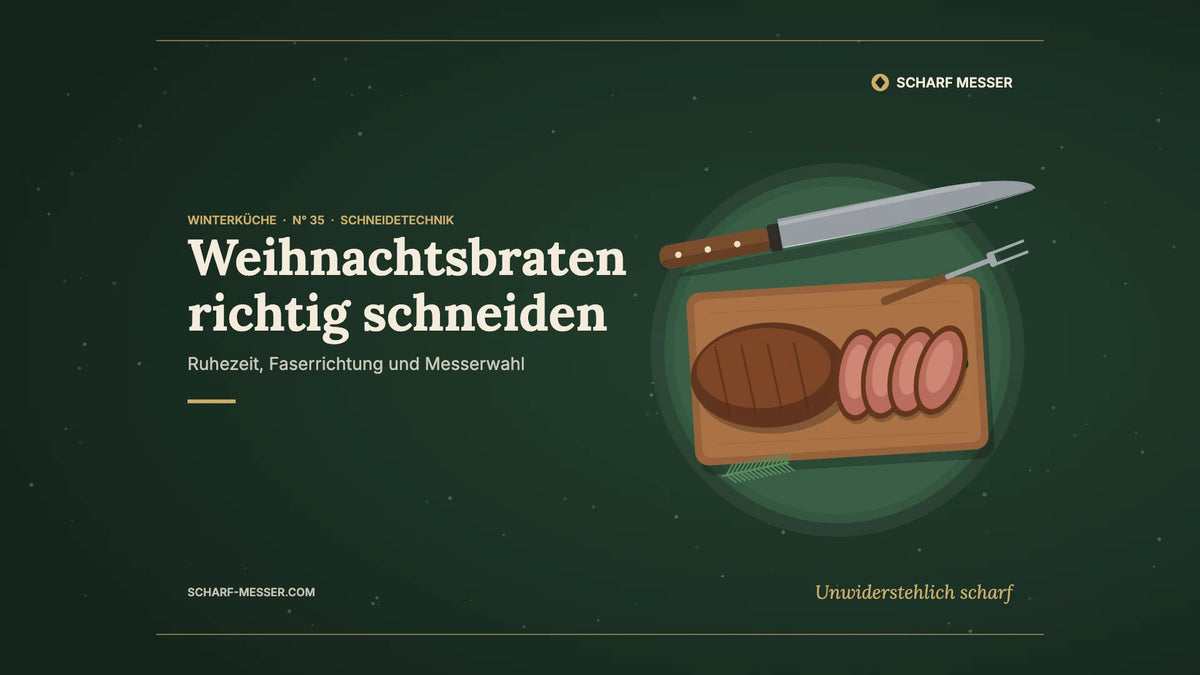 Illustration Weihnachtsbraten richtig schneiden: Braten mit gleichmäßigen Scheiben, Tranchiermesser und Fleischgabel auf dem Schneidebrett