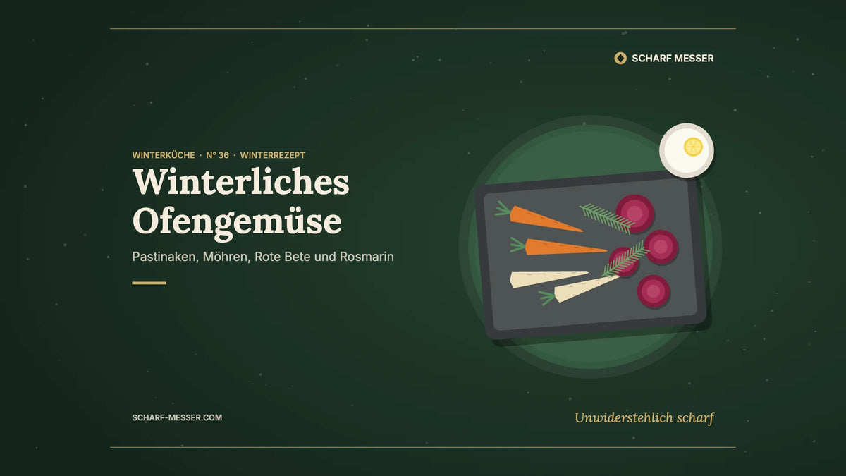 Illustration winterliches Ofengemüse: Pastinaken, Möhren und Rote Bete mit Rosmarin auf dem Backblech, dazu ein Zitronen-Joghurt-Dip