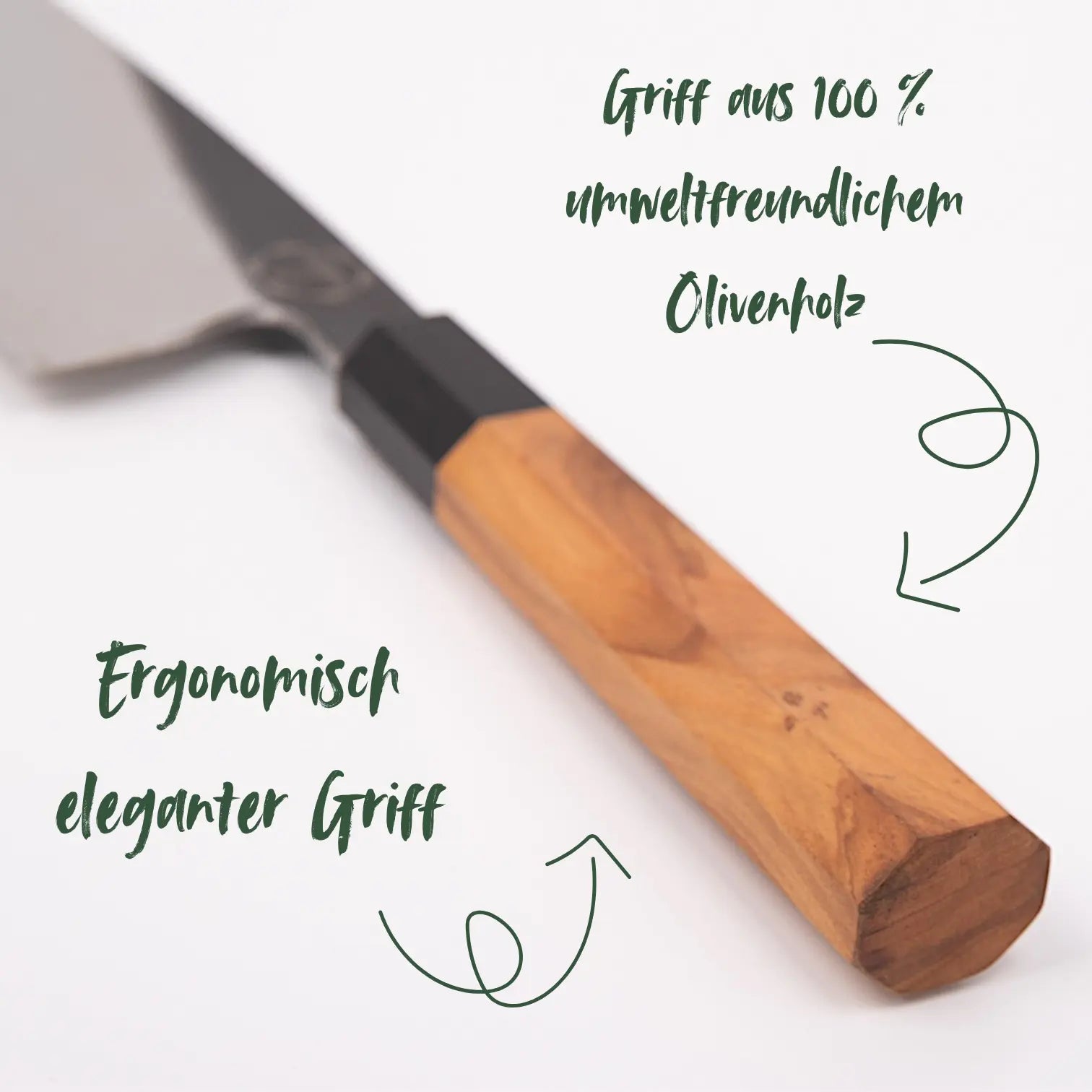 Ergonomischer und eleganter Griff aus umweltfreundlichem Olivenholz für komfortables und stilvolles Schneiden