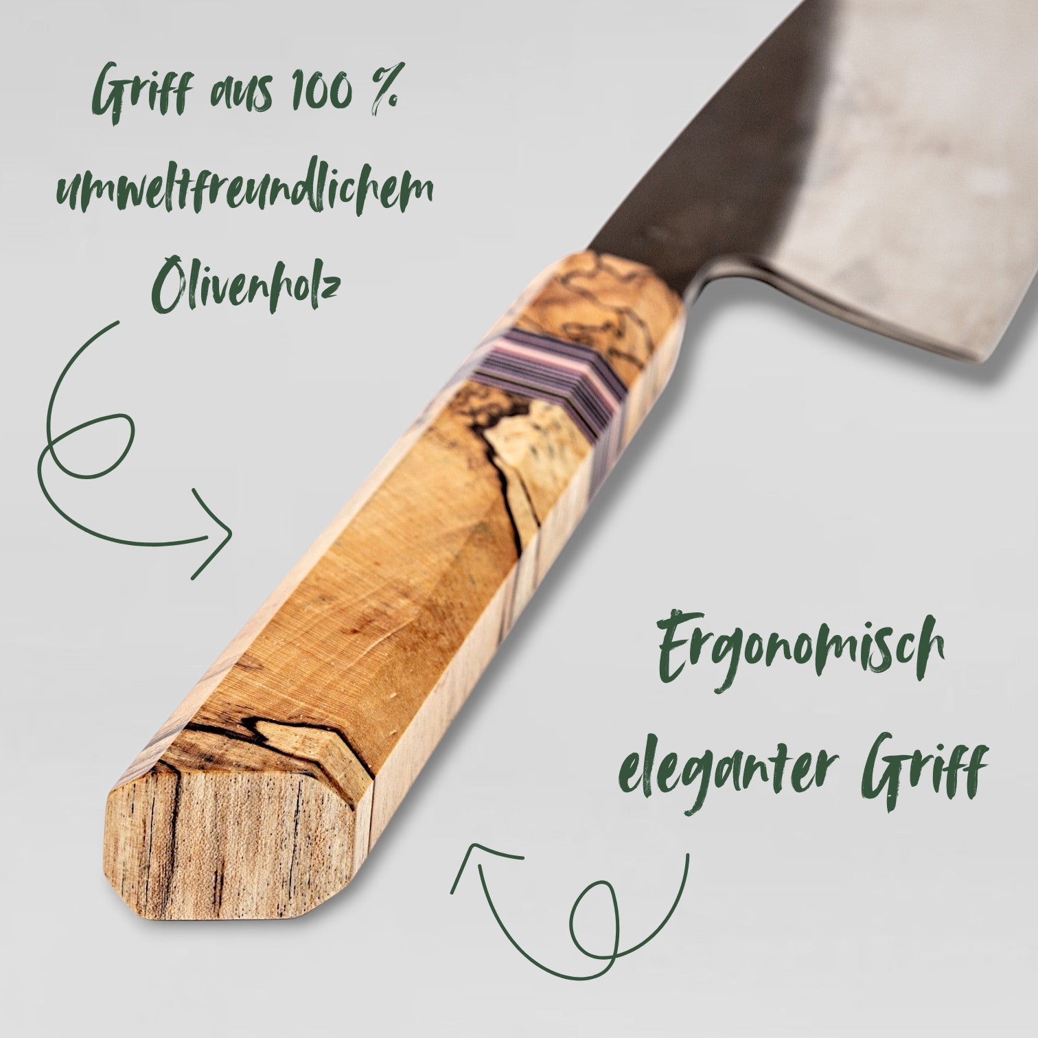 Ergonomischer, eleganter Griff aus umweltfreundlichem, gestocktem Olivenholz für komfortables Schneiden