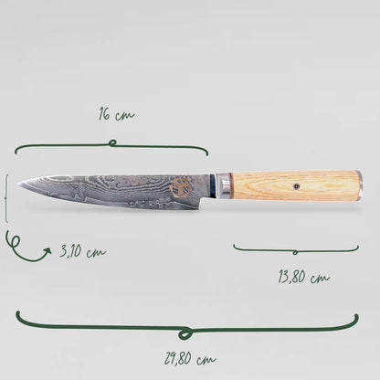 Flat Iron-16 Damastmesser Maßangaben mit 16cm Damastklinge, Griffabmessungen und Ausgewogenheitspunkten