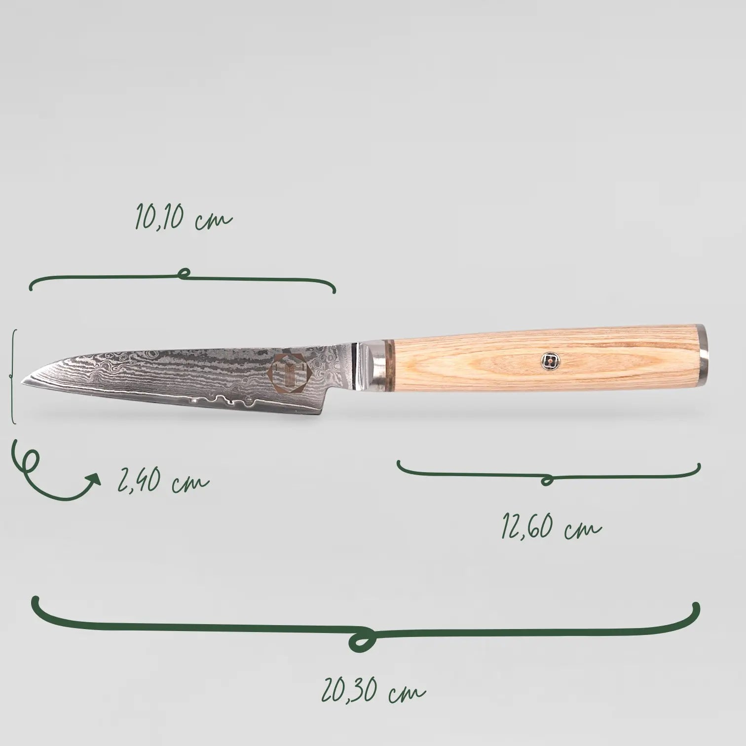 Flat Iron-10 Damastmesser Maßangaben mit 10cm Damastklinge, Ahornholzgriff-Abmessungen und Ausgewogenheitspunkten