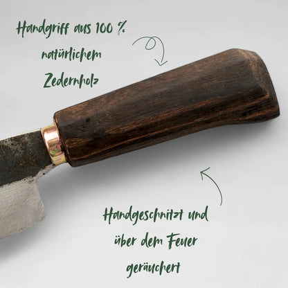 Detailansicht des Oregano-20 Zedrach-Holzgriffs mit ergonomischem Design, natürlicher Maserung und sicherem Griffkomfort