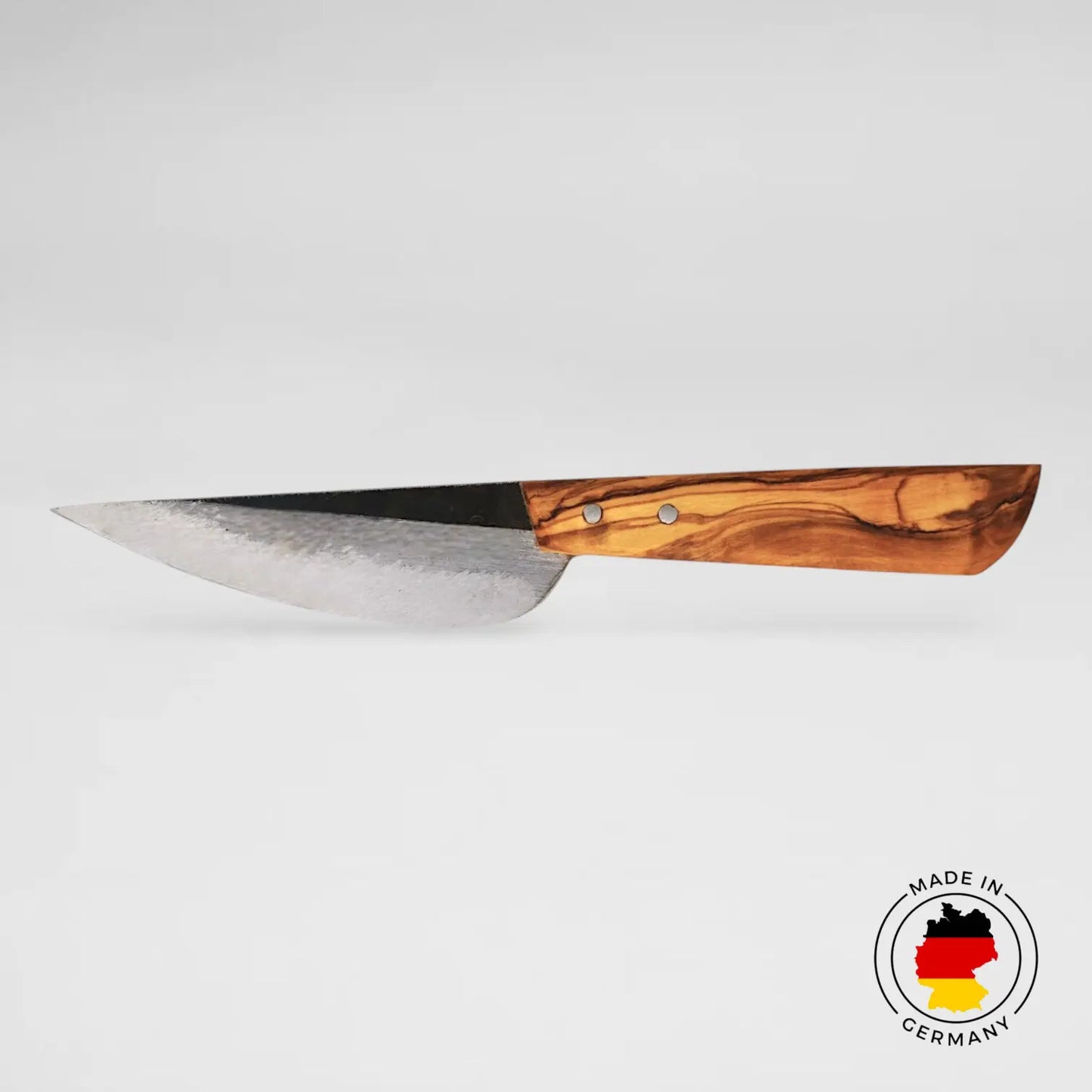 Petersilie-12 Wiegemesser aus Carbonstahl mit Oliven-Holzgriff, kompakte 12cm Klinge für präzises Schneiden mit Made in Germany Logo