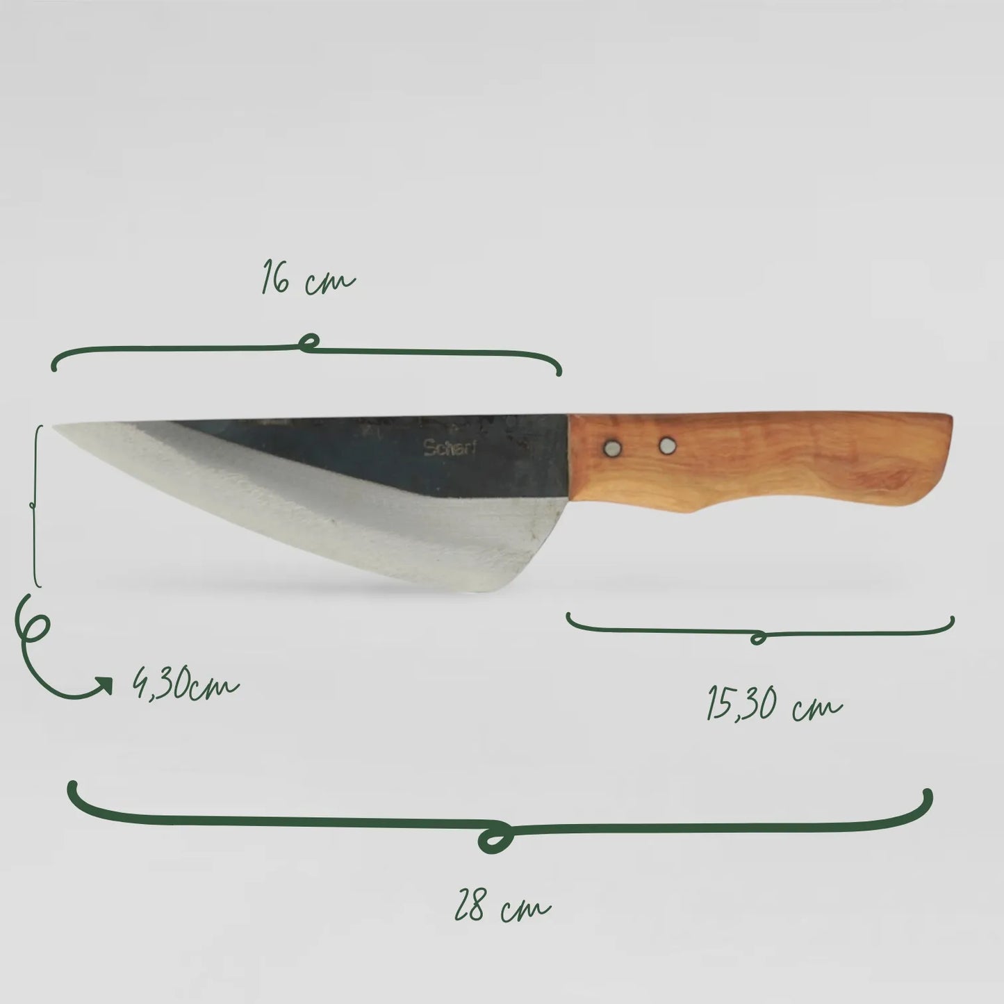 Komplettansicht des Petersilie-16 carbonstahl Wiegemesser mit Olivenholz Griff und mit vollständiger Abmessungen