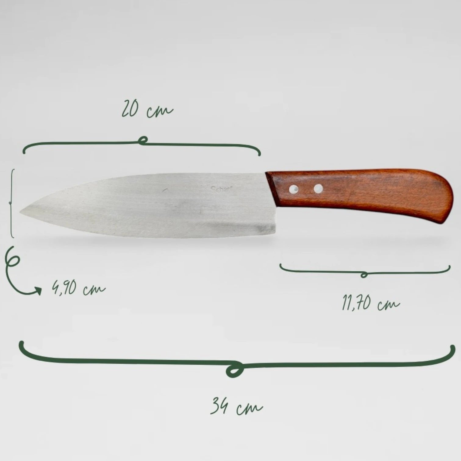 albei-20 Messer Maßangaben mit 20cm Klingenlänge, Griffabmessungen und perfekten Ausgewogenheitspunkten